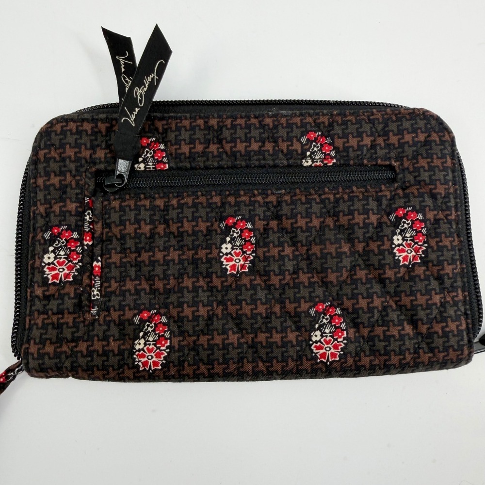 Vera Bradley Houndstooth Brown Zip Around Travel Wallet Organizer Retired Floral